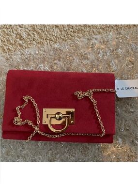 New Le Chateau Red Suede Gold Chain Crossbody Purse
